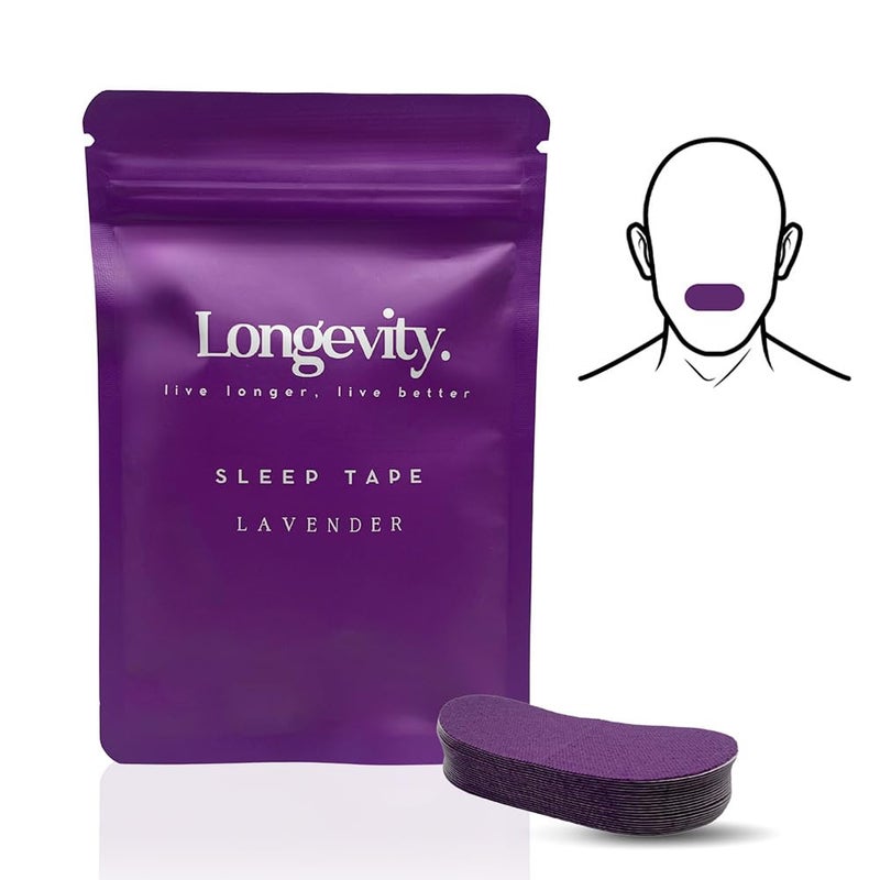 Longevity Sleep Tape - 30 Strips (Lavender Scented) - Dermatologically Tested Mouth Tape for Sleeping, Women and Men - Supports Nasal Breathing and Reduces Snoring - 95% Cotton, Rayon-Free Mouthtape